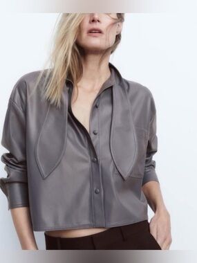Cropped Faux Leather Button-Front Top
